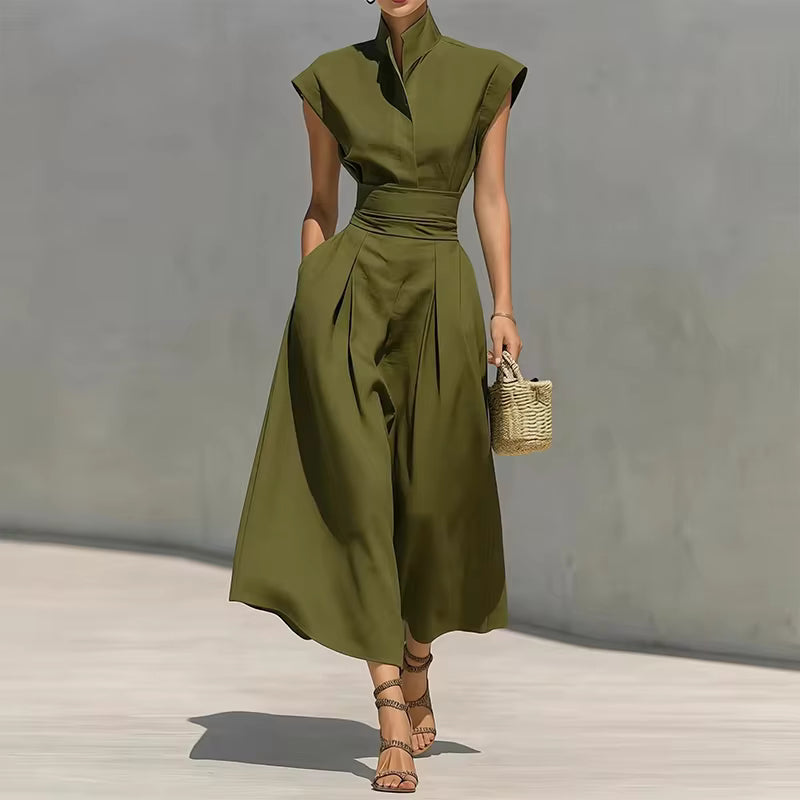 Robe midi Maison Lunéa unie col montant, jupe plissée