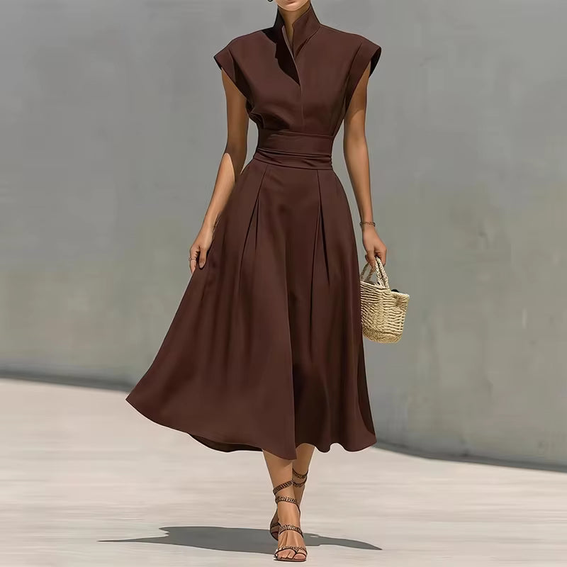 Robe midi Maison Lunéa unie col montant, jupe plissée