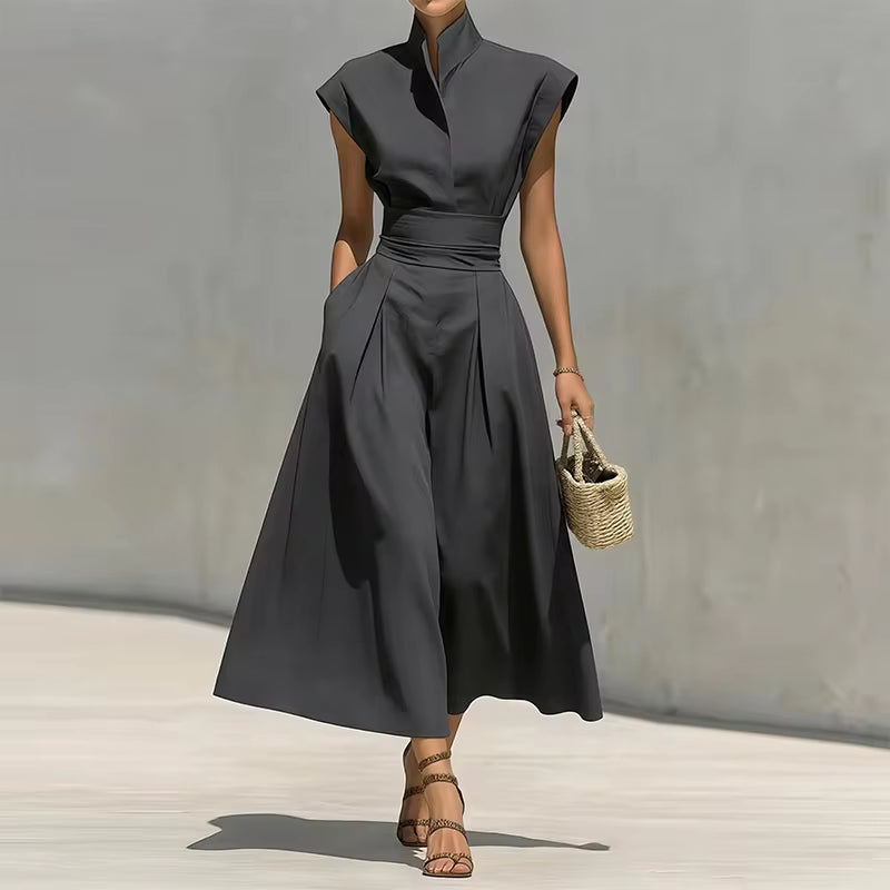 Robe midi Maison Lunéa unie col montant, jupe plissée