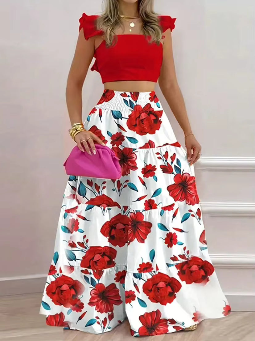 Ensemble Maison Lunéa imprimé (crop top + jupe midi)