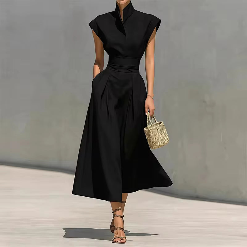 Robe midi Maison Lunéa unie col montant, jupe plissée