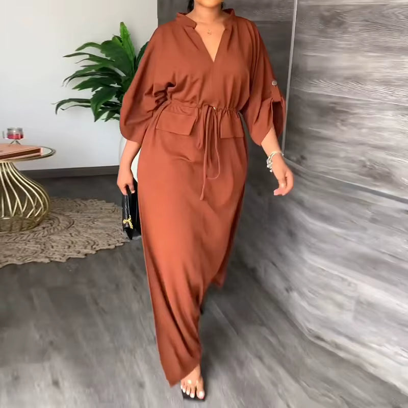 Robe longue Maison Lunéa unie col V, taille à cordon