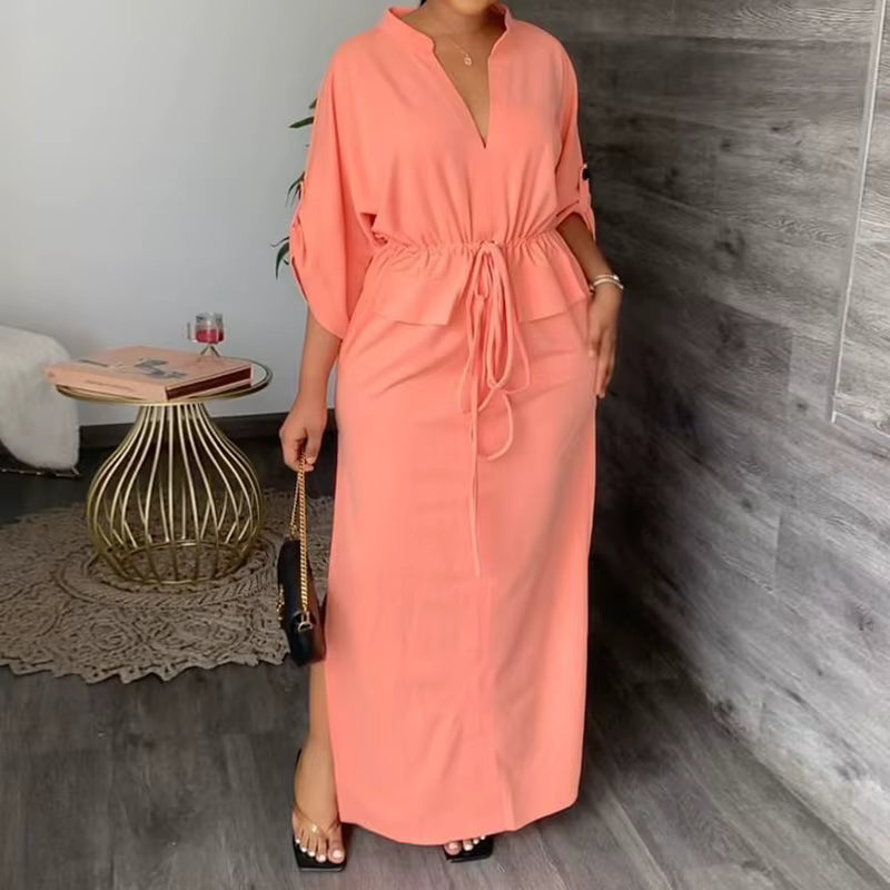 Robe longue Maison Lunéa unie col V, taille à cordon