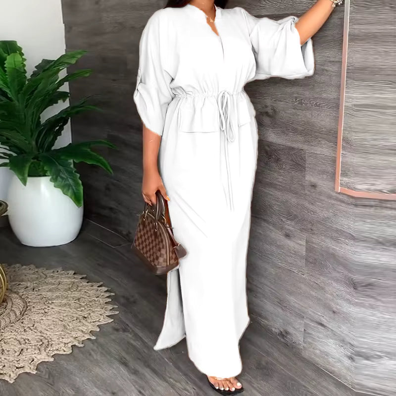 Robe longue Maison Lunéa unie col V, taille à cordon
