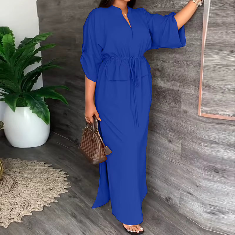 Robe longue Maison Lunéa unie col V, taille à cordon