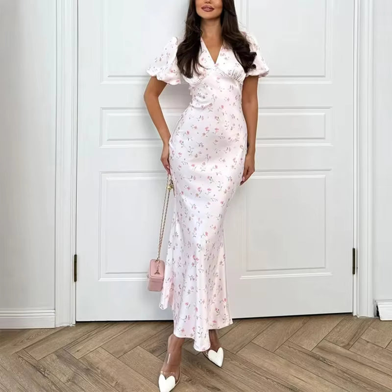 Robe longue Maison Lunéa fleurie sirène, manches courtes