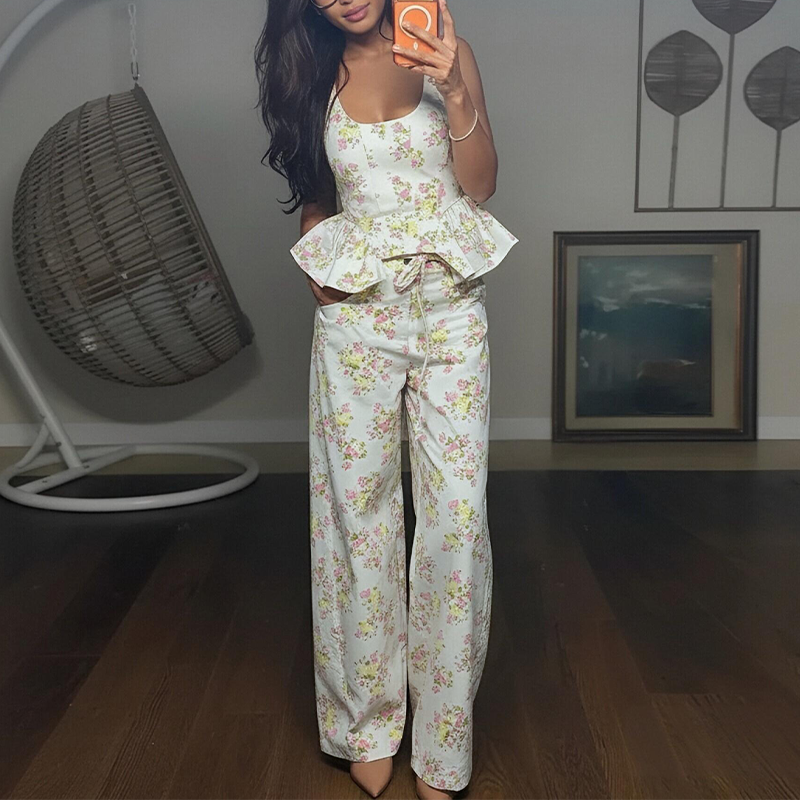 Ensemble Maison Lunéa pantalon fleuri (top sans manches + pantalon droit)