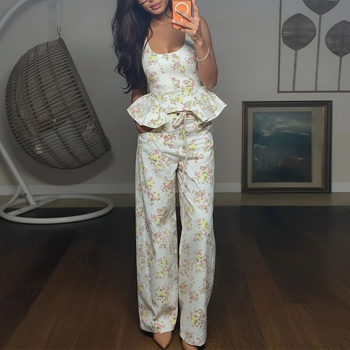 Ensemble Maison Lunéa pantalon fleuri (top sans manches + pantalon droit)