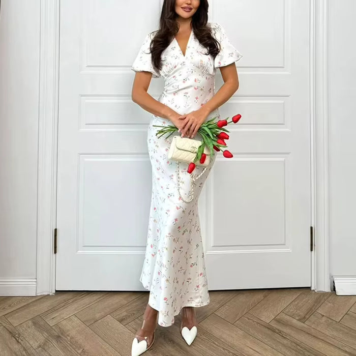 Robe longue Maison Lunéa fleurie sirène, manches courtes