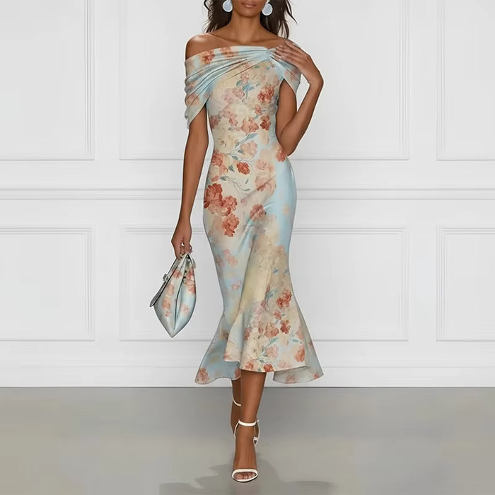 Robe Maison Lunéa midi fleurie épaules dénudées, ourlet asymétrique
