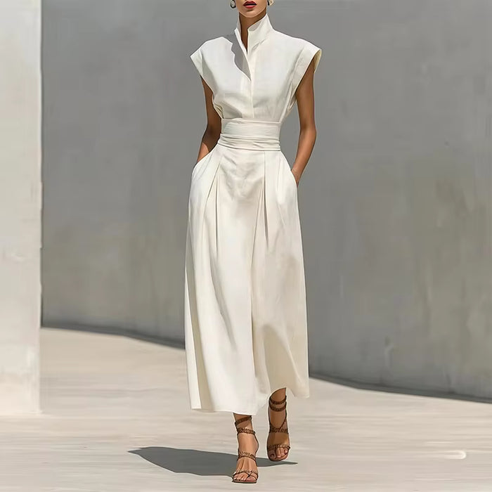 Robe midi Maison Lunéa unie col montant, jupe plissée