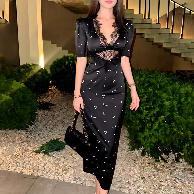 Robe Maison Lunéa midi à pois dentelle col V profond