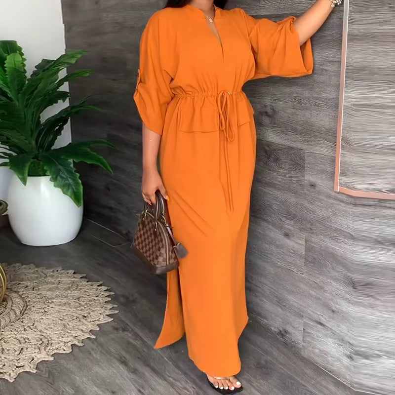 Robe longue Maison Lunéa unie col V, taille à cordon