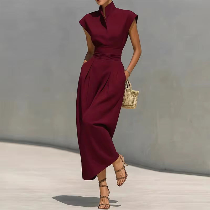 Robe midi Maison Lunéa unie col montant, jupe plissée