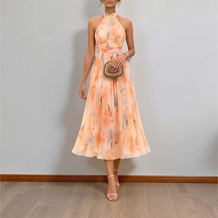 Robe midi Maison Lunéa fleurie dos-nu, coupe évasée taille haute