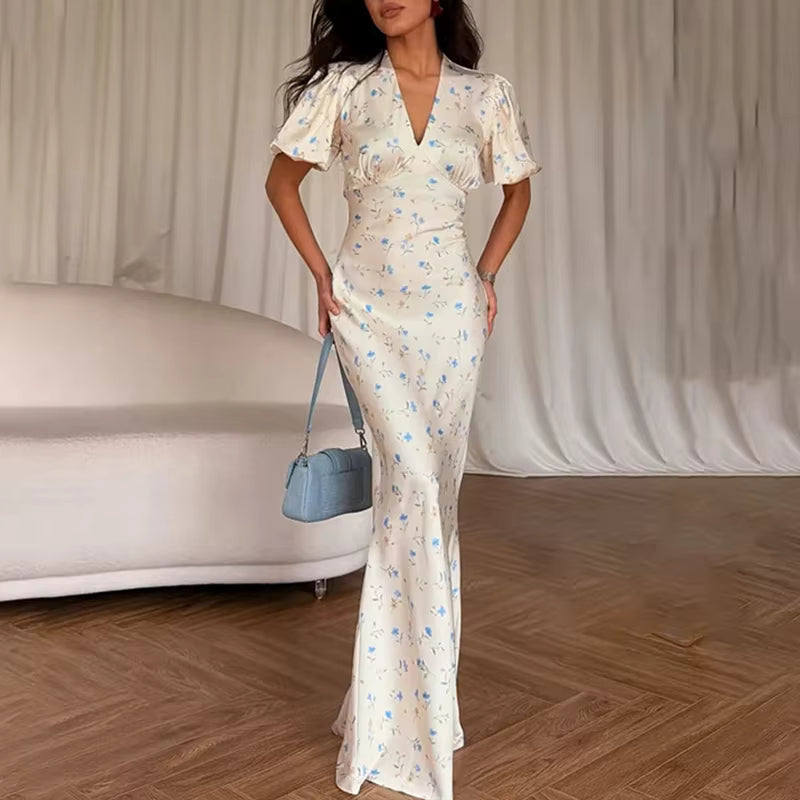 Robe longue Maison Lunéa fleurie sirène, manches courtes