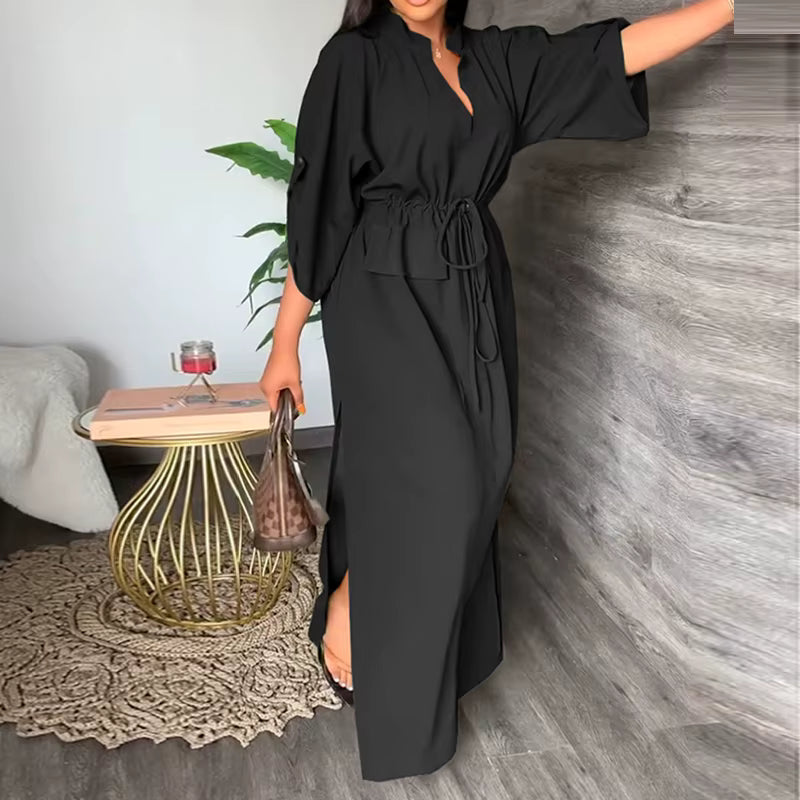 Robe longue Maison Lunéa unie col V, taille à cordon