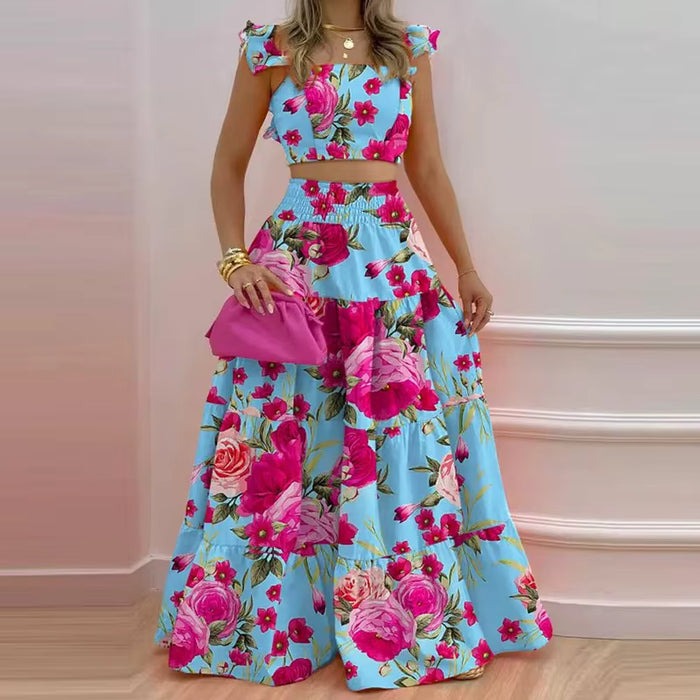 Ensemble Maison Lunéa imprimé (crop top + jupe midi)