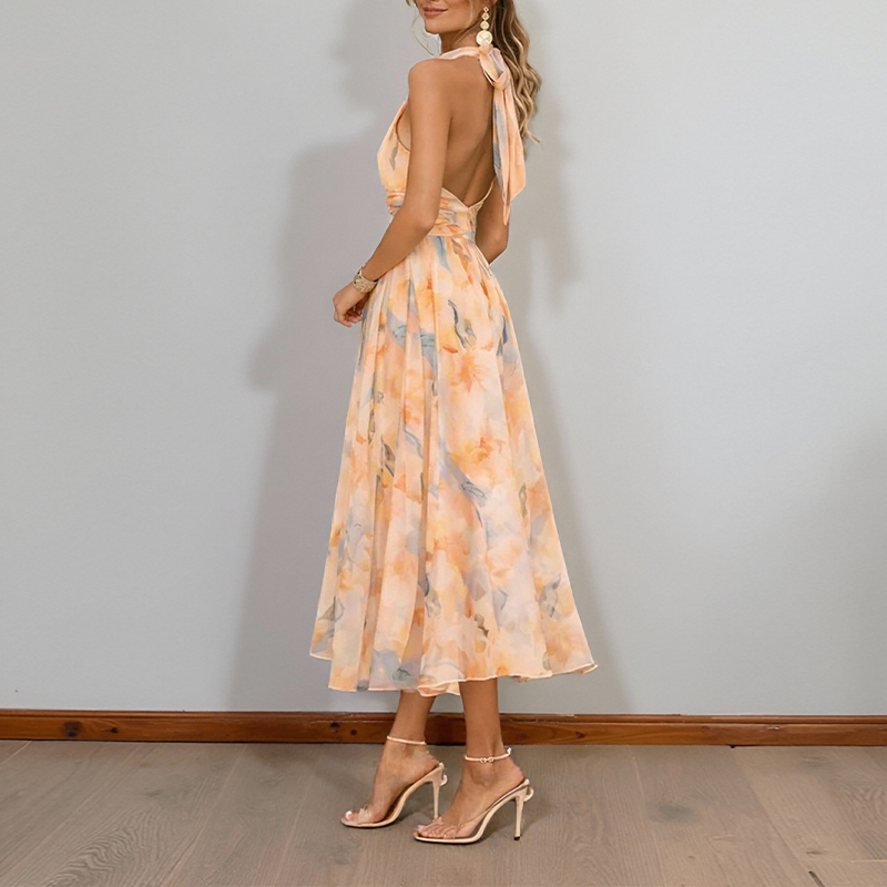 Robe midi Maison Lunéa fleurie dos-nu, coupe évasée taille haute